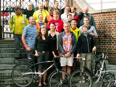 Members of Southwark  Cyclists on the steps of the Globe