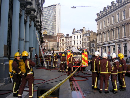 Firefighters outside the Hop Exchange