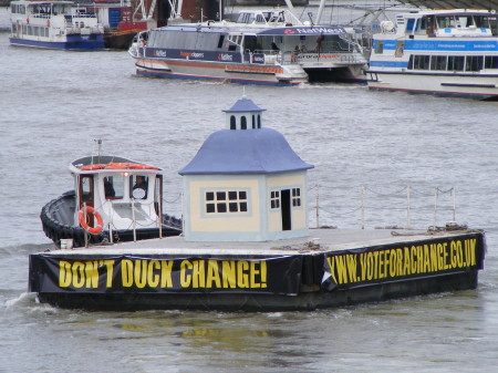 Giant duck house on the Thames in Bonfire Night stunt