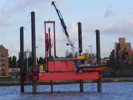 A jack-up barge is used for Thames Tunnel survey