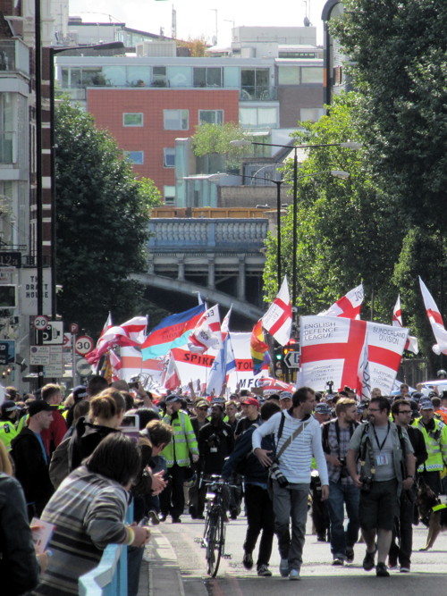 English Defence League supporters march across Tower Bridge