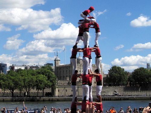 Catalan human tower outside City Hall part of Europe-wide action