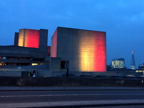 Tower Bridge & National Theatre lit with colours of Belgian flag