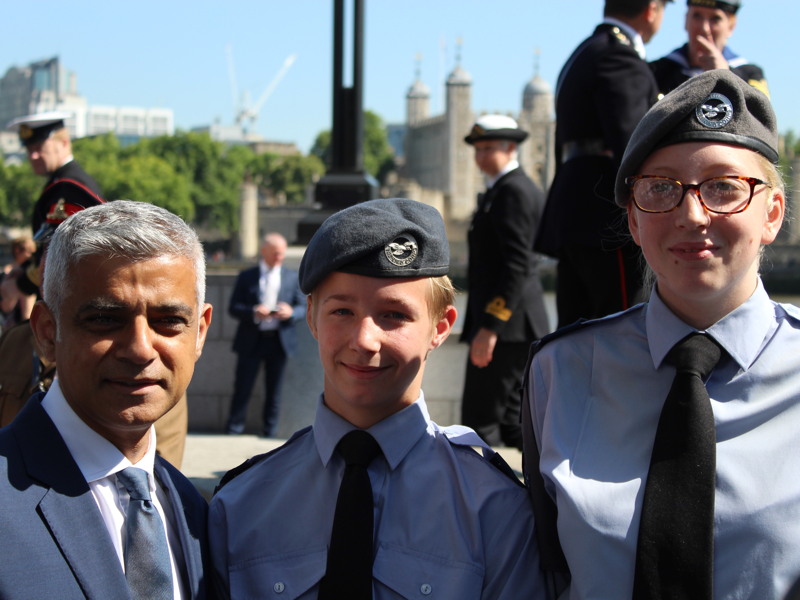 Sadiq Khan with Cadet Cpl Aaron Harmsworth and Cad