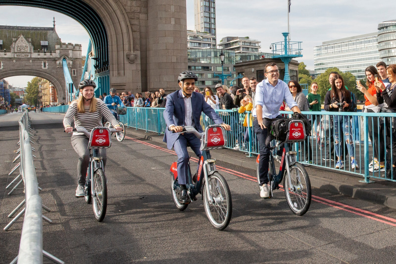Mayor of London Sadiq Khan cycling across Tower Br