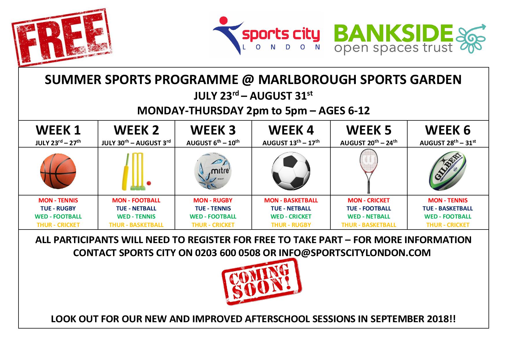Free Summer Sports Programme at Marlborough Sports Garden