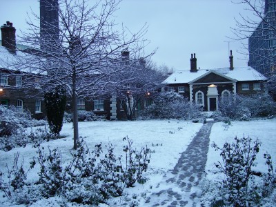 A winter scene at Hoptons Almshouses
