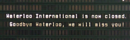 The departures board displays a farewell message f