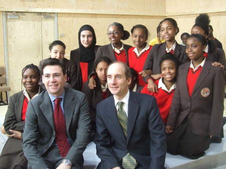 Andy Burnham and Lord Adonis with students at a Yo