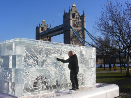 Car in a giant tattoo-covered ice cube in Potters Fields Park