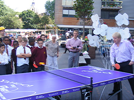 Boris Johnson plays table tennis in Bermondsey Square