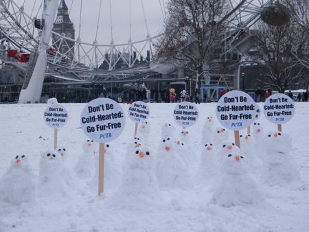 Snowmen assemble in Jubilee Gardens for anti-fur protest