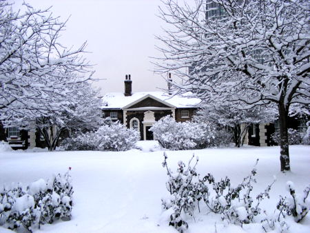 Hopton's Almshouses and gardens covered in snow in
