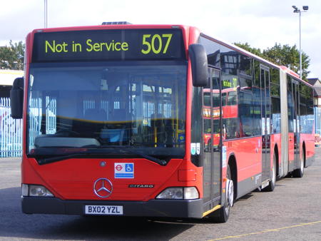 Bendy bus at Mandela Way depot in July 2009