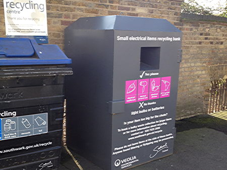 Recycling bin for electrical appliances in Southwark Bridge Road