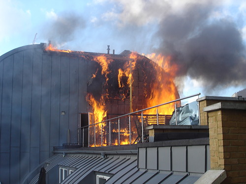Fire on roof of Magdalen Street block