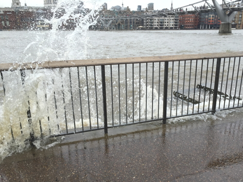 Thames Path at Bankside flooded during exceptionally high tide