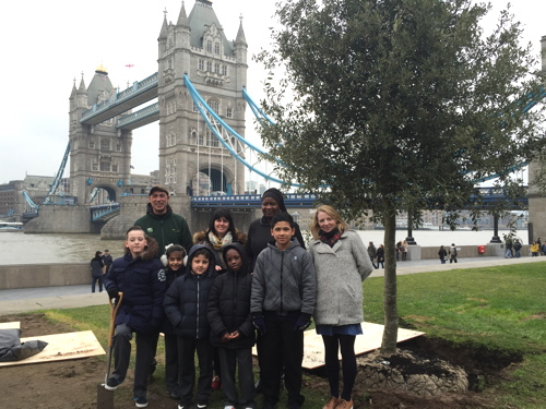 Tower Bridge Primary School pupils plant Potters Fields Park tree