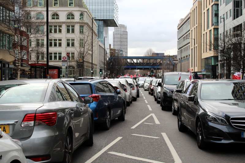Minicab drivers hold congestion charge demo in Blackfriars Road