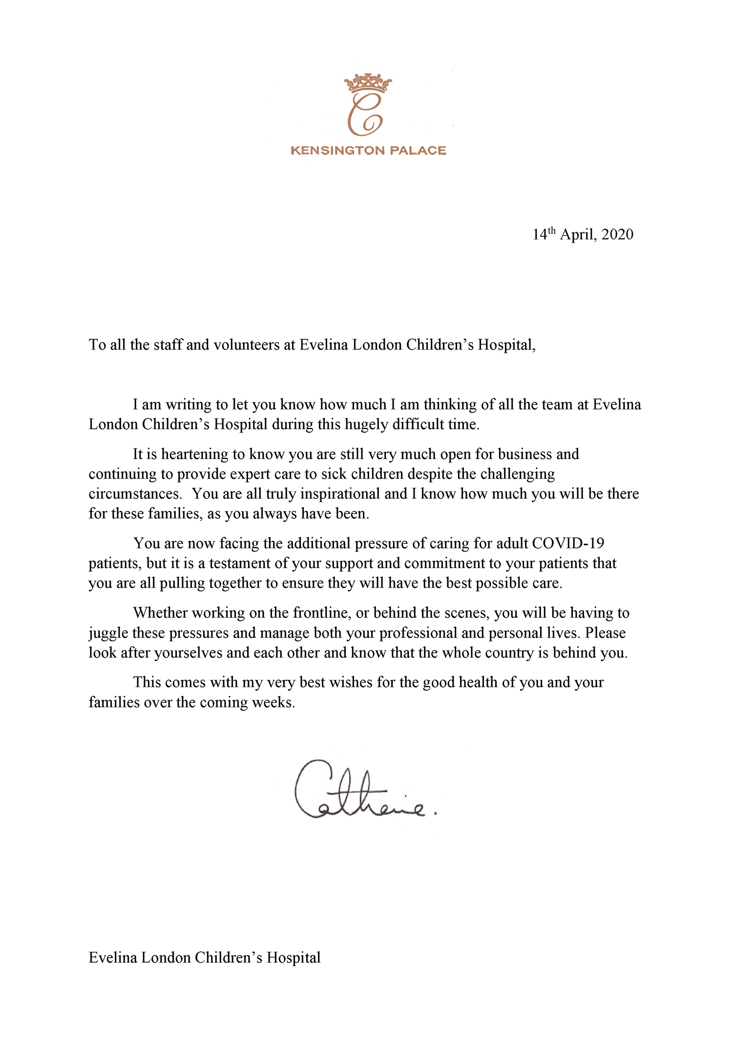Duchess of Cambridge’s message to ‘inspirational’ Evelina staff